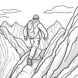 A thrilling colouring book scene showing a determined man adeptly descending a high, intimidating mountain.