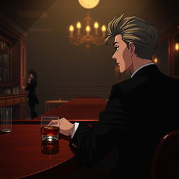A handsome, stylish anime gentleman with perfectly styled hair, dressed in a sleek black suit, is seated at the last table of a dimly lit bar