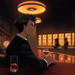 A handsome, stylish anime gentleman with perfectly styled hair, dressed in a sleek black suit, is seated at the last table of a dimly lit bar