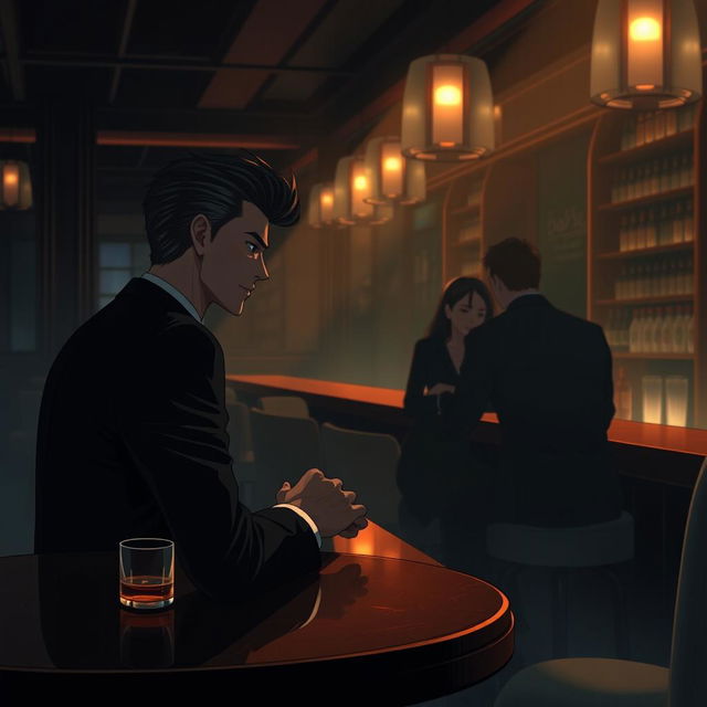 A handsome, stylish anime gentleman with perfectly styled hair, dressed in a sleek black suit, is seated at the last table of a dimly lit bar