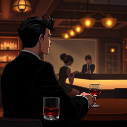 A handsome, stylish anime gentleman with perfectly styled hair, dressed in a sleek black suit, is seated at the last table of a dimly lit bar