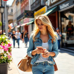 A 35-year-old European woman with blond hair, casually dressed, walking through a vibrant city street