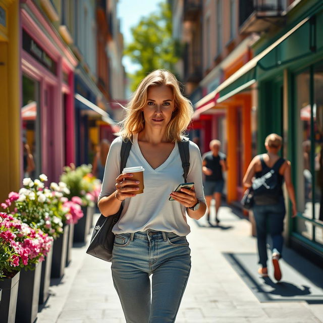 A 35-year-old European woman with blond hair, casually dressed, walking through a vibrant city street