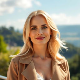 A 35-year-old woman with blonde hair, displaying European features, dressed in stylish attire