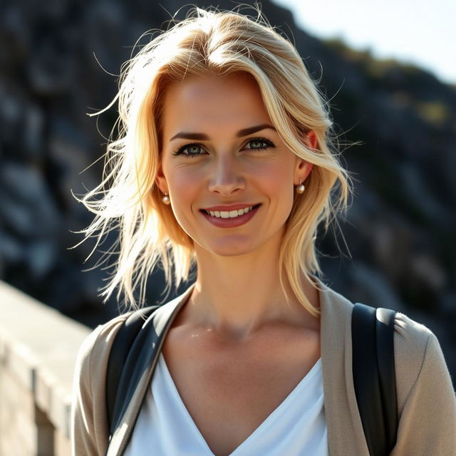 A 35-year-old woman with blonde hair, displaying European features, dressed in stylish attire