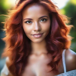 A beautiful 24-year-old Brazilian woman with stunning honey-coloured eyes and vibrant red hair, emanating a radiant aura of elegance and warmth