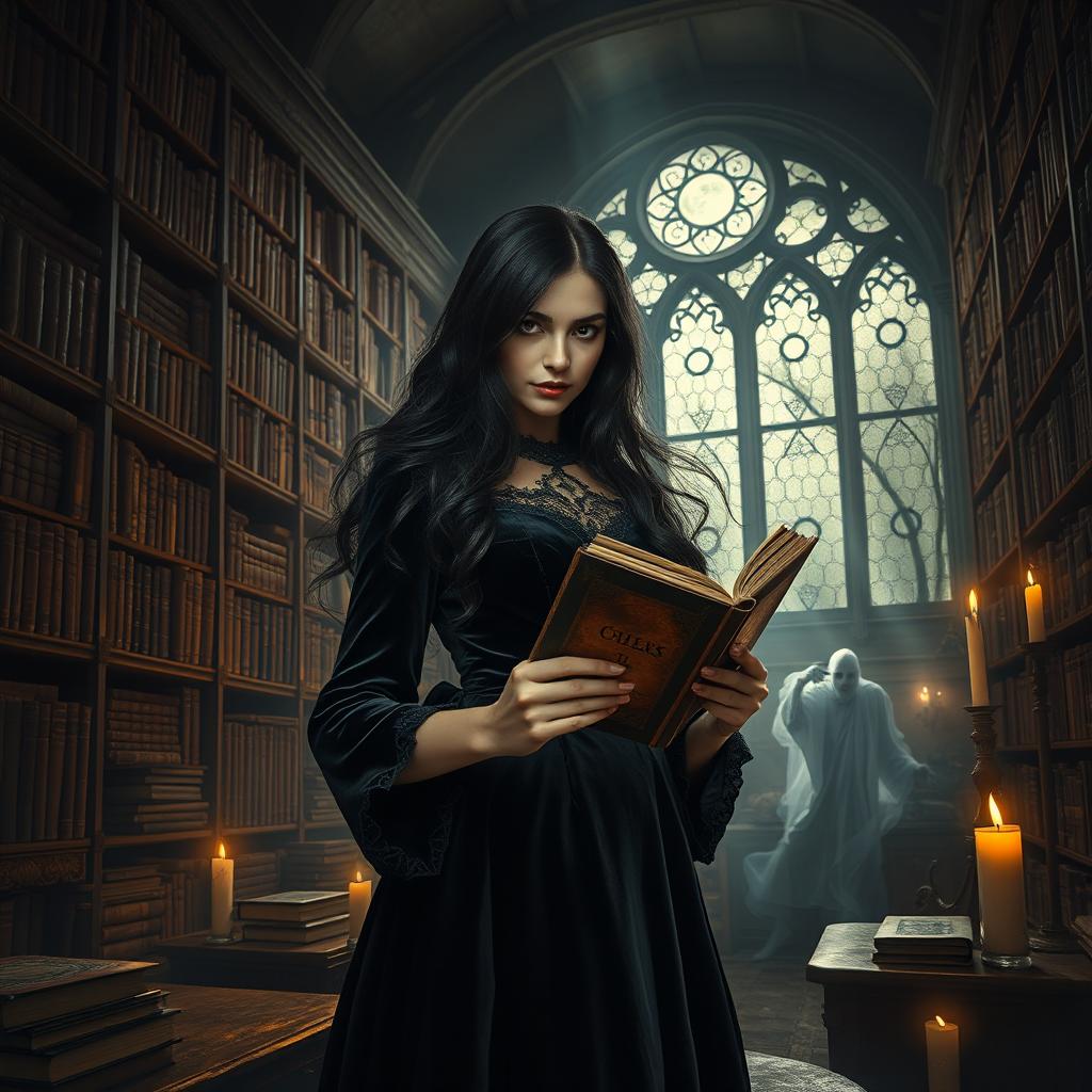 A dark and mysterious librarian, surrounded by towering shelves of ancient books in a dimly lit library