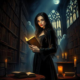 A dark and mysterious librarian, surrounded by towering shelves of ancient books in a dimly lit library