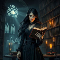 A dark and mysterious librarian, surrounded by towering shelves of ancient books in a dimly lit library