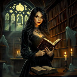 A dark and mysterious librarian, surrounded by towering shelves of ancient books in a dimly lit library