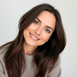 A woman aged 30-35 showcasing natural beauty with light makeup and a confident smile