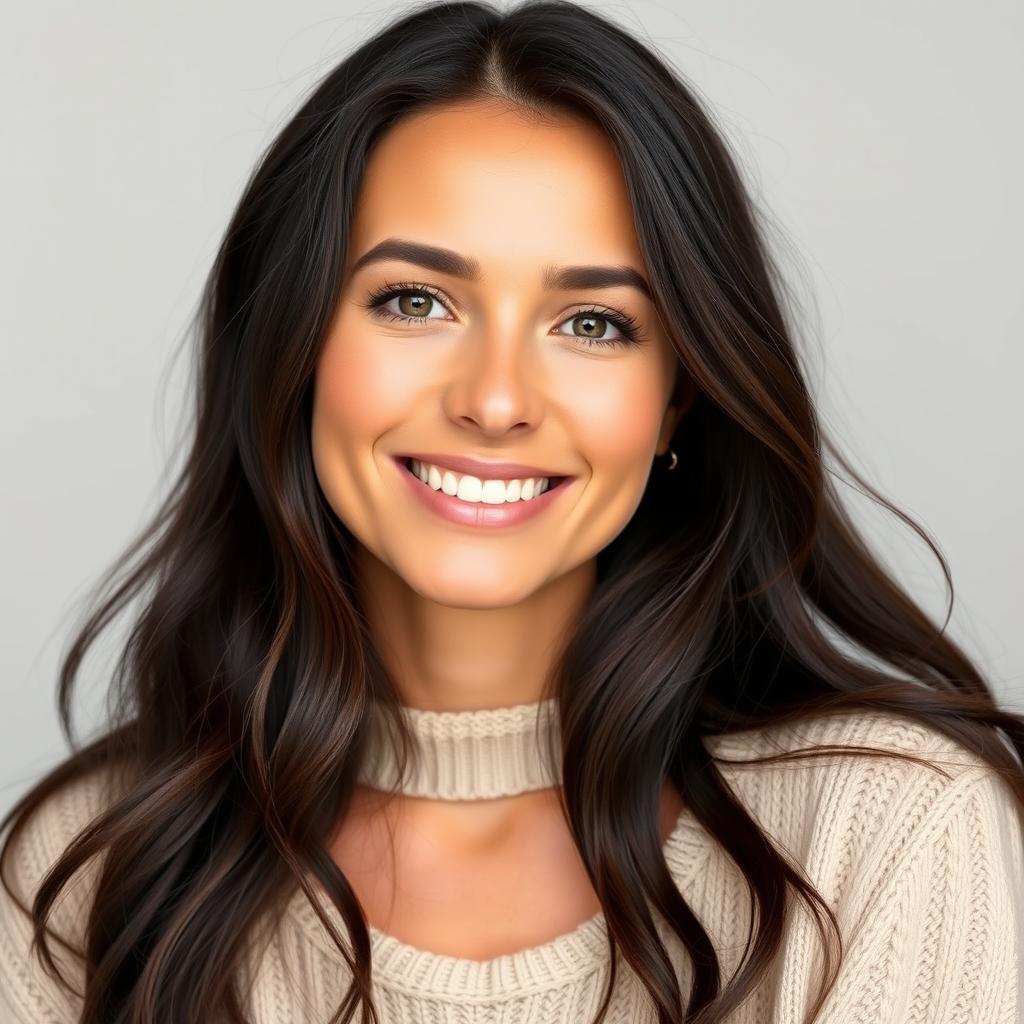 A woman aged 30-35 showcasing natural beauty with light makeup and a confident smile