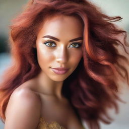 A beautiful 24-year-old Brazilian woman with stunning honey-coloured eyes and vibrant red hair, emanating a radiant aura of elegance and warmth