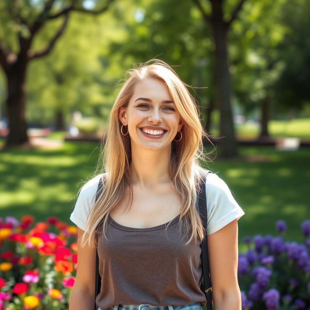 A 35-year-old American woman with fair skin and blonde hair, dressed in casual yet fashionable attire