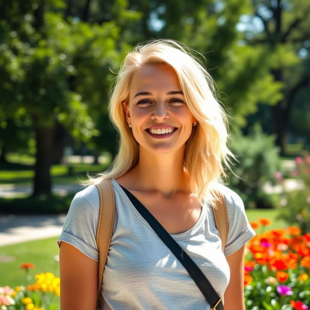 A 35-year-old American woman with fair skin and blonde hair, dressed in casual yet fashionable attire