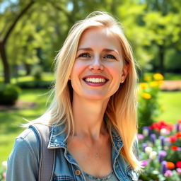 A 35-year-old American woman with fair skin and blonde hair, dressed in casual yet fashionable attire