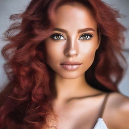 A beautiful 24-year-old Brazilian woman with stunning honey-coloured eyes and vibrant red hair, emanating a radiant aura of elegance and warmth