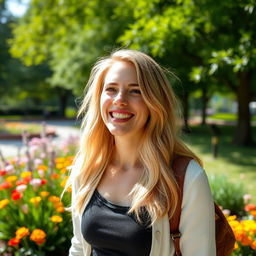 A 35-year-old American woman with fair skin and blonde hair, dressed in casual yet fashionable attire