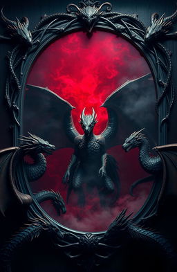 A dark and atmospheric scene featuring majestic dragons surrounding a large, ornate mirror framed in twisted dark metal with thorn-like protrusions, lined with blackened wood