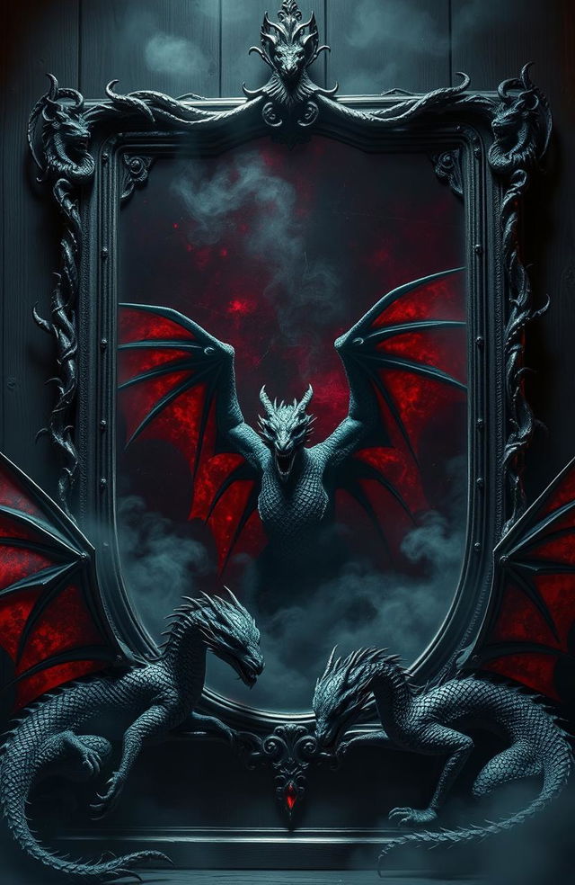 A dark and atmospheric scene featuring majestic dragons surrounding a large, ornate mirror framed in twisted dark metal with thorn-like protrusions, lined with blackened wood