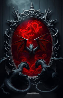 A dark and atmospheric scene featuring majestic dragons surrounding a large, ornate mirror framed in twisted dark metal with thorn-like protrusions, lined with blackened wood