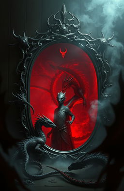 A dark and atmospheric scene featuring majestic dragons surrounding a large, ornate mirror framed in twisted dark metal with thorn-like protrusions, lined with blackened wood