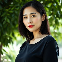 A 43-year-old woman with pale skin and dark hair, showcasing Asian features