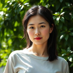 A 43-year-old woman with pale skin and dark hair, showcasing Asian features