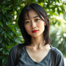 A 43-year-old woman with pale skin and dark hair, showcasing Asian features
