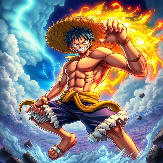 A dramatic and powerful depiction of Luffy from One Piece, showcasing his Gear transformation at an exaggerated, mythical level, labeled as 'Gear 1000000000000000000'