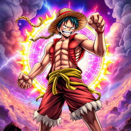 A dramatic and powerful depiction of Luffy from One Piece, showcasing his Gear transformation at an exaggerated, mythical level, labeled as 'Gear 1000000000000000000'