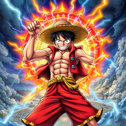 A dramatic and powerful depiction of Luffy from One Piece, showcasing his Gear transformation at an exaggerated, mythical level, labeled as 'Gear 1000000000000000000'