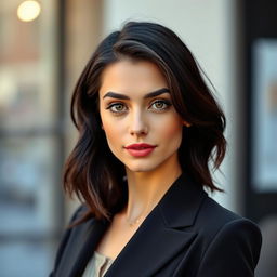 A 27-year-old woman named Emily, embodying elegance and self-confidence