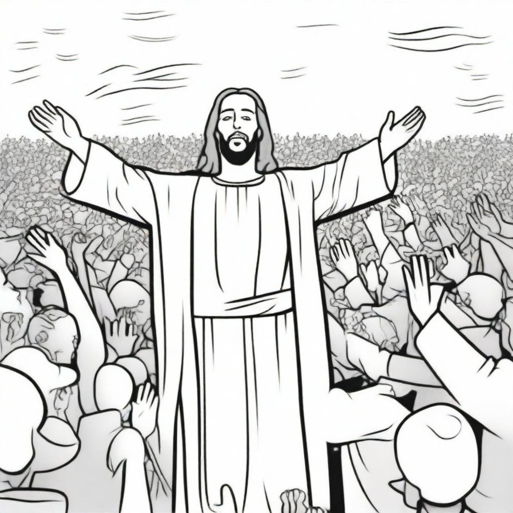 A touching colouring book page of Jesus with his hand raised in blessing over a crowd of receptive people.