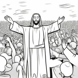 A touching colouring book page of Jesus with his hand raised in blessing over a crowd of receptive people.