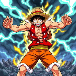 An illustration of Luffy from 'One Piece' transforming, displaying his Gear 1000000000000000 state