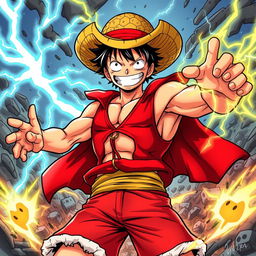 An illustration of Luffy from 'One Piece' transforming, displaying his Gear 1000000000000000 state