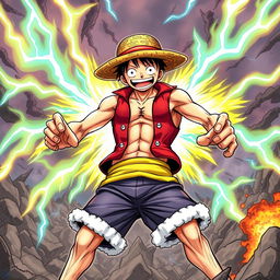 An illustration of Luffy from 'One Piece' transforming, displaying his Gear 1000000000000000 state