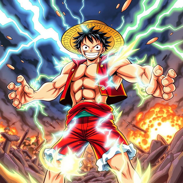 An illustration of Luffy from 'One Piece' transforming, displaying his Gear 1000000000000000 state