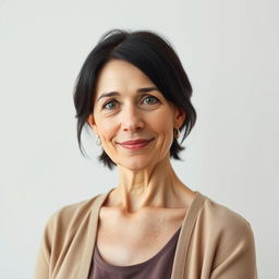 A 45-year-old woman with pale skin and jet black hair, showcasing a few subtle wrinkles on her face that add character and wisdom