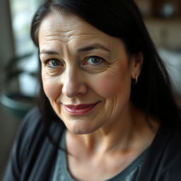A 45-year-old woman with pale skin and jet black hair, showcasing a few subtle wrinkles on her face that add character and wisdom