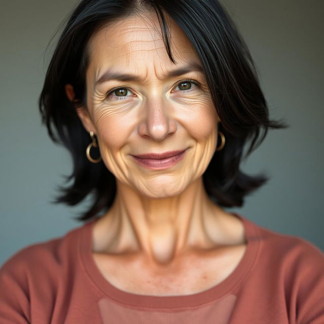 A 45-year-old woman with pale skin and jet black hair, showcasing a few subtle wrinkles on her face that add character and wisdom