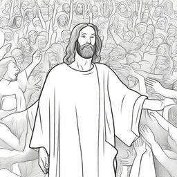 A touching colouring book page of Jesus with his hand raised in blessing over a crowd of receptive people.