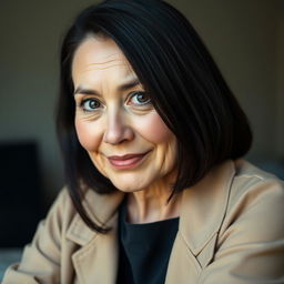 A 45-year-old woman with pale skin and jet black hair, showcasing a few subtle wrinkles on her face that add character and wisdom