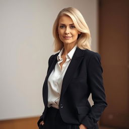 A 35-year-old woman with fair hair and European features, dressed elegantly in fashionable clothing, standing confidently