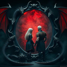 A dark and atmospheric scene featuring majestic dragons surrounding a large, ornate mirror framed in twisted dark metal with thorn-like protrusions, lined with blackened wood