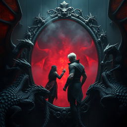 A dark and atmospheric scene featuring majestic dragons surrounding a large, ornate mirror framed in twisted dark metal with thorn-like protrusions, lined with blackened wood