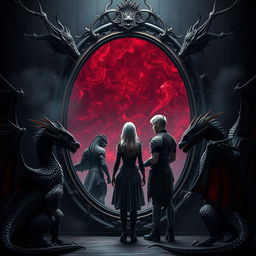 A dark and atmospheric scene featuring majestic dragons surrounding a large, ornate mirror framed in twisted dark metal with thorn-like protrusions, lined with blackened wood