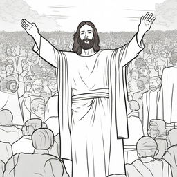 A touching colouring book page of Jesus with his hand raised in blessing over a crowd of receptive people.