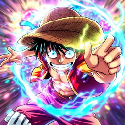 A dynamic and energetic depiction of Luffy from the popular anime One Piece, showcasing him in an imaginative Gear 99999999999999999999 form